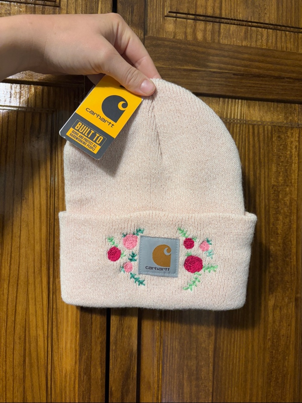Carhartt Light Pink Beanie with hand embroidered flowers